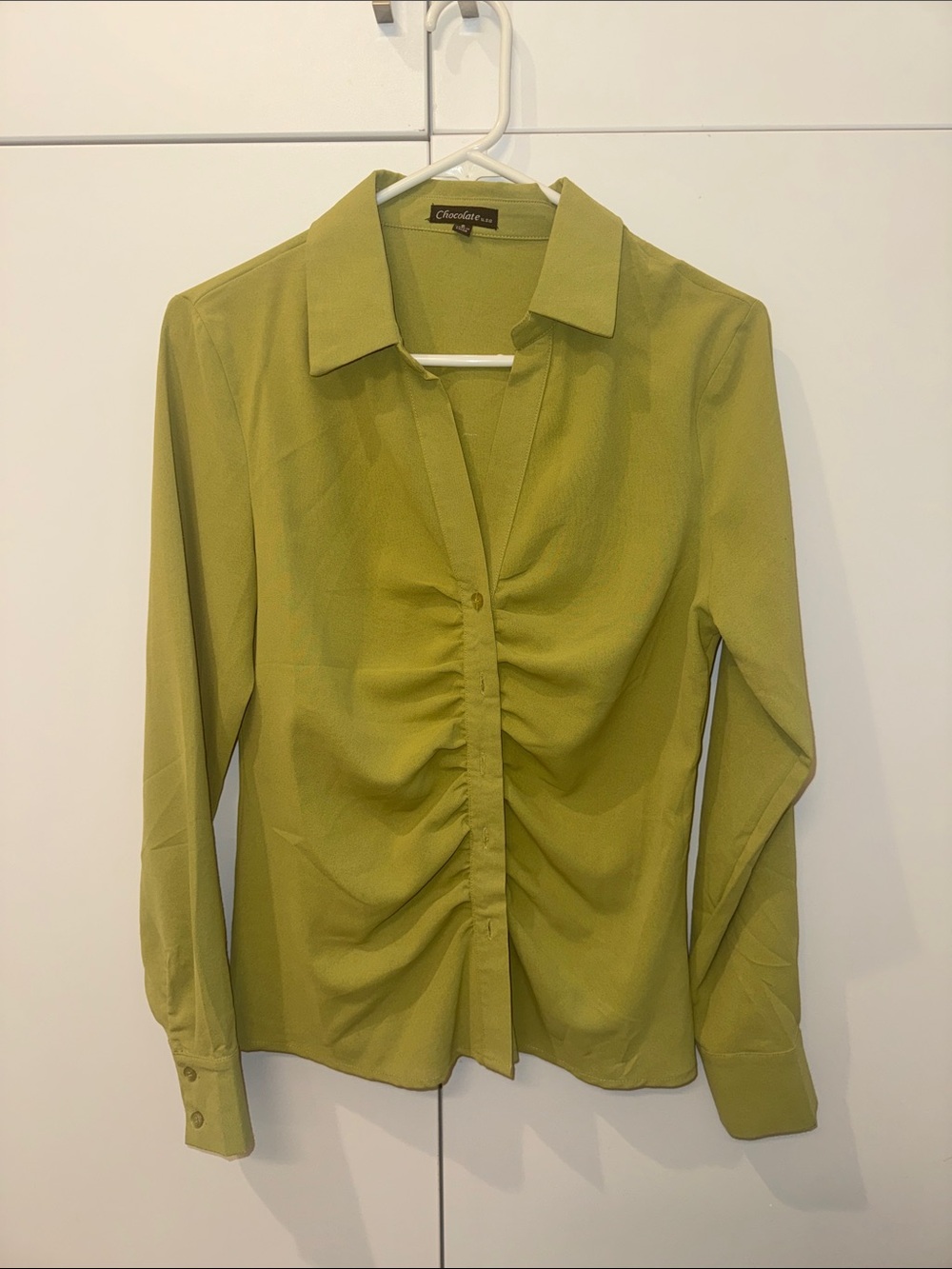Chocolate Olive Green Ruched Button-Front Blouse